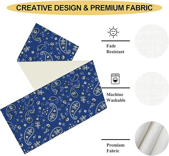 Blue Paisley Table Runner, Vintage Damask Antique Floral Flower Boho Damask Swirled Rustic Coffee Table Center Decor for Family Kitchen and Living Room Outdoor Table Decorations, 13"x36"