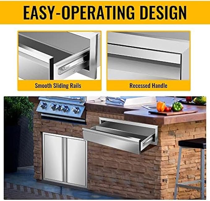 Flush Mount Stainless Steel Double Drawers with Recessed Handles for Outdoor Kitchens Or BBQ Island,-30W X 6.5H X 23D Inch