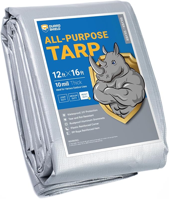 GUARD SHIELD Heavy Duty Tarp 12x16 Feet Silver Multi Purpose Thick Waterproof Poly Tarp Cover 10mil