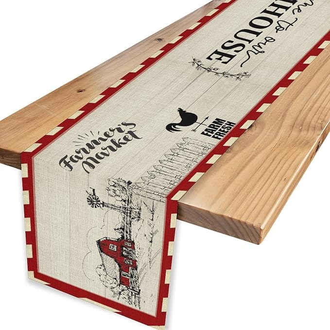Farmhouse Table Runner, Rustic Country Barn Cottage Rooster Check Animal Plank Coffee Table Center Decor for Home Kitchen Dining Patio Holiday Party Indoor Outdoor Table Decorations 13"x108"