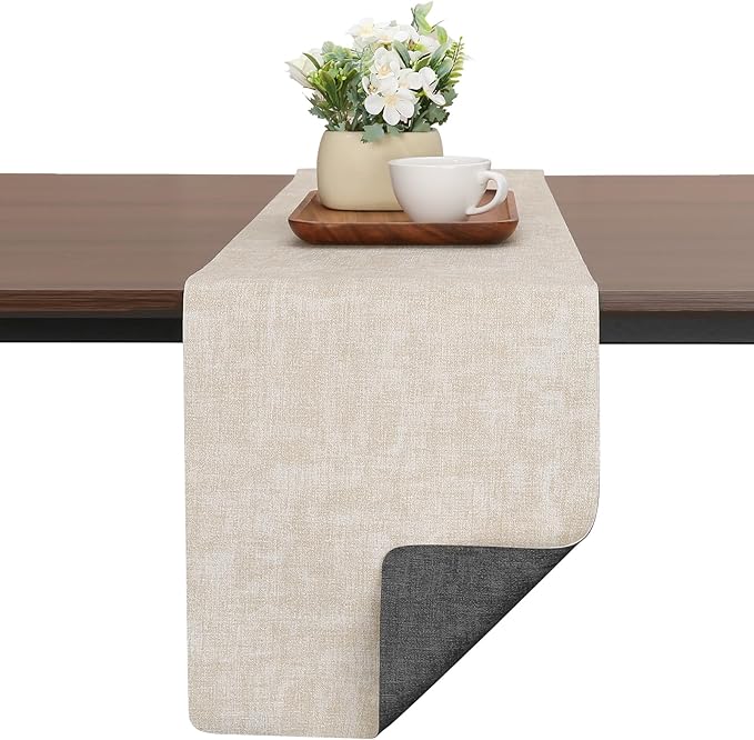Table Runners 72 Inches Long, Dual-Sided Faux Leather Farmhouse Table Runner Waterproof Non-Slip for Living Room Party Home Decor Holiday Decorations(Gray Cream-White, 12 x 72 Inch)