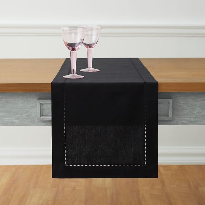Solino Home Black Hemstitch Table Runner 60 Inches - Cotton Linen Small Table Runner 14 x 60 Inch Ideal for Dresser and Coffee Tables - Winter, Spring, Easter