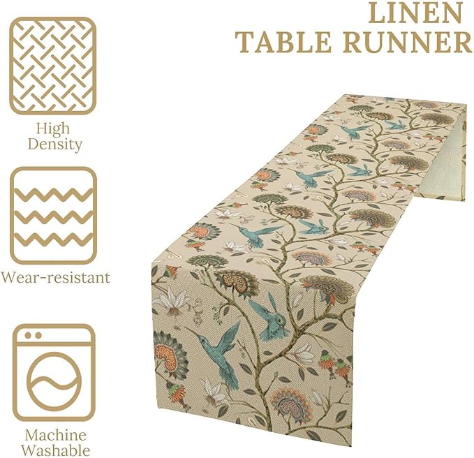 Floral Bird Table Runner,Vintage Boho Flower Birds Print William Morris Style Table Runner for Kitchen Dining Table Holiday Home Party Decor 13x60in