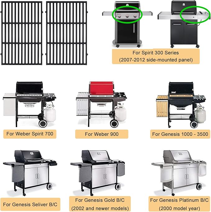 GasSaf 7638 Grill Grates for Weber Spirit 300 310 315 320 330, 17.5x12 Cast Iron Grates for Genesis 1000-3500, Genesis Gold Silver Platinum B/C, Spirit 700, Weber 900, Replace Grill Parts 7639 65906
