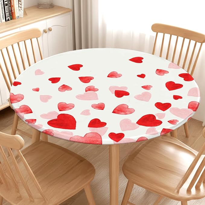 Valentines Day Round Fitted Tablecloth with Elastic Pink Red Love Heart Circle Table Cloth for 48-52" Round Tables Wipeable Waterproof Washable Valentine Table Cover for Picnic Dining Party Decor
