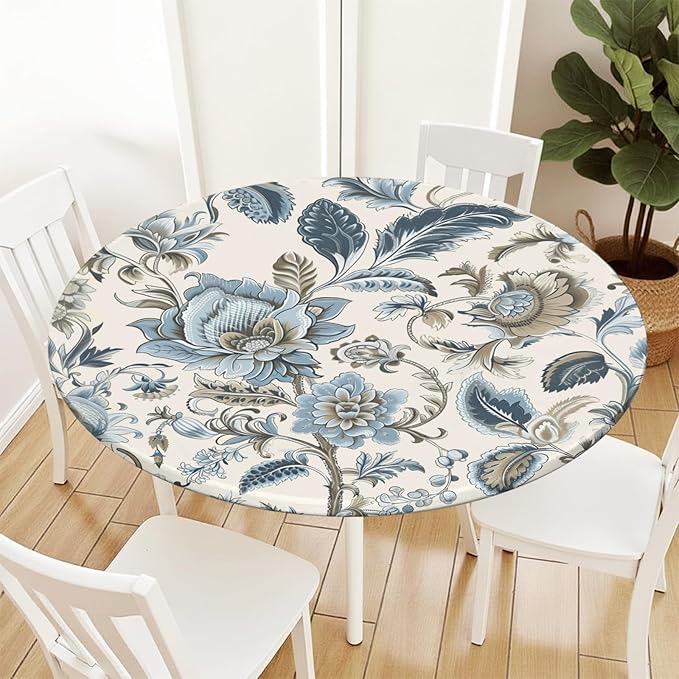 Vintage Floral Round Fitted Tablecloth with Elastic Blue Brown Chinoiserie Flower Circle Table Cloth for 36-40" Round Tables Wipeable Waterproof Elegant Rustic Table Cover for Dining Patio Picnic