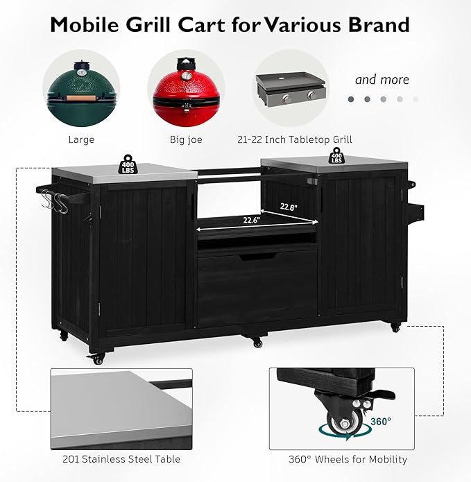 Merax 66.5" Outdoor Grill Table for Big Green Egg, Farmhouse Kitchen Island on Wheels with Stainless Steel Tabletop, Drawer and Spice Rack, Solid Wood Outdoor Storage Cabinet for Backyard, Black