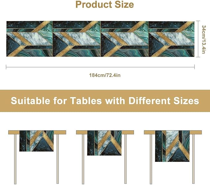 Marble Table Runner, Dark Green Gold Modern Mosaic Design Table Runner Decoration for Kitchen Family Dinner Table Holiday Party Farmhouse 13x60in
