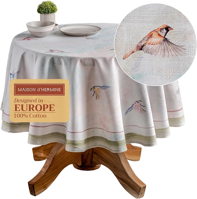 Maison d' Hermine Table Cloth Round Table 100% Cotton 63 Inches Tablecloth Reusable Decorative Everyday Use for Dining Room, Farmhouse, Home, Party, Festive & Wedding Spring Summer - Flying Birds