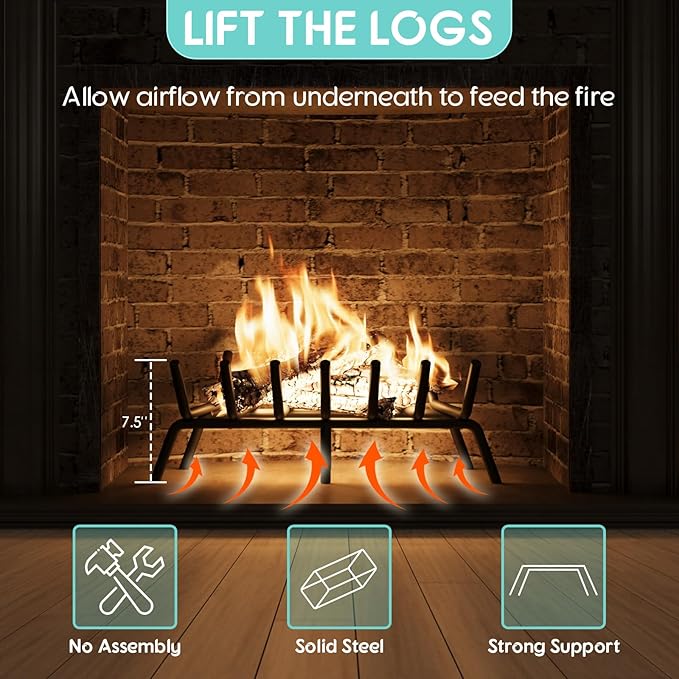 27-Inch Fireplace Grate, Heavy Duty 7-Bar Log Rack Holder Made of Solid Round Steel for Indoor/Outdoor Fire Pits, Wood Stoves & Kindling Tools
