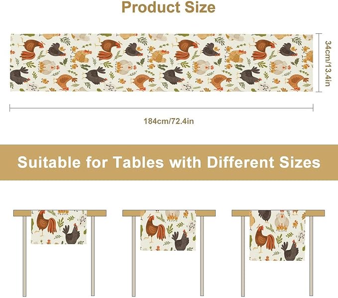 Cute Roosters Chickens Table Runners, Rustic Farm Animals Hen Table Runner for Farmhouse Wedding Coffee Dining Table Party Home 13x90in