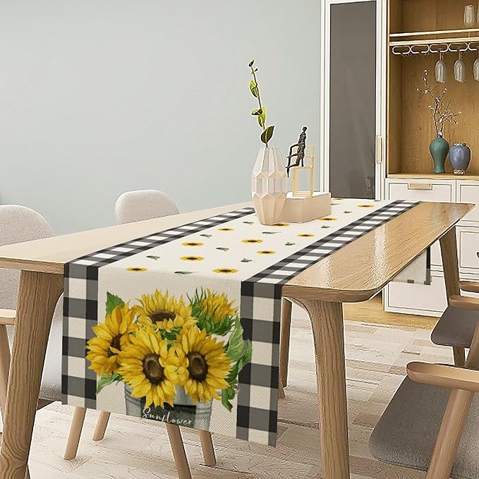 Morden Sunflower Table Runner,White Black Buffalo Plaid Watercolor Summer Flower Plants Leaves Print Table Runner for Kitchen Dining Table Holiday Home Party Decor 13x60in