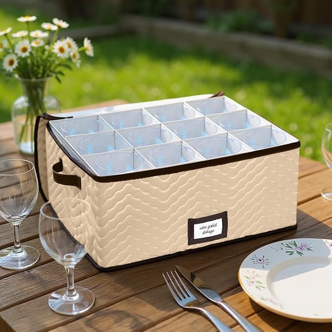 Wine Glass Storage Box with Dividers - Stemware Storage Case, Durable Quilted Microfiber Bin with Carry Handles, Protects Fine China - (2 Pack, Red Wine Glass)