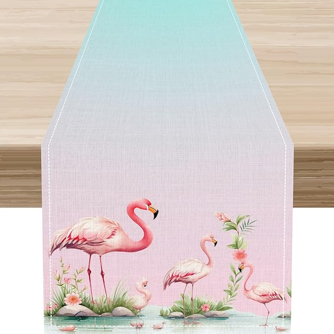 Flamingo Table Runner,Teal Pink Flamingo Family with Flowers Grass Watercolor Style Table Center Decor for Family Kitchen and Living Room Outdoor Farmhouse Party Table Decorations, 13"x72"