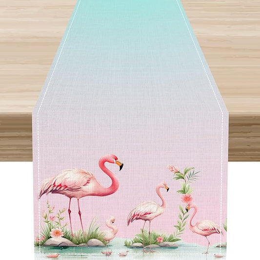 Flamingo Table Runner,Teal Pink Flamingo Family with Flowers Grass Watercolor Style Table Center Decor for Family Kitchen and Living Room Outdoor Farmhouse Party Table Decorations, 13"x72"