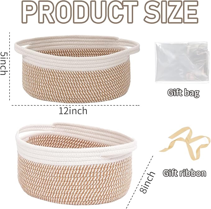 Woven Basket,Small Rope Storage Bin with Handles & Ribbon Bag, Organizer for Shelves Closets,Gift Basket Empty for Birthday,Books,Dog Toys, White&Brown Block/2 Pack