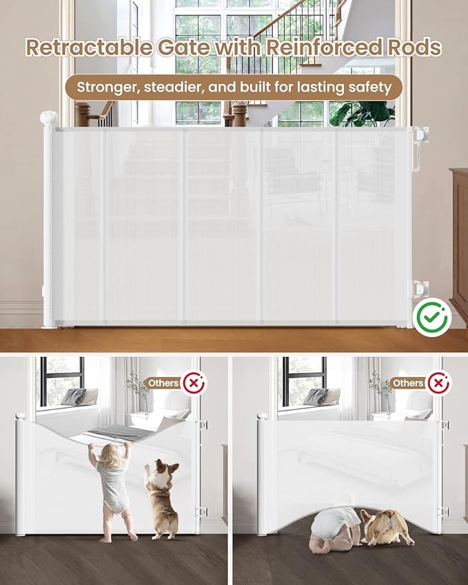 Retractable Baby Gate, 55" Wide Mesh Gate with 4 Reinforced Rods, Prevents Kids & Dogs from Crawling Under, 34" Tall Easy-to-Use Pet Gate for Stairs, Bedrooms, Hallways, Indoor/Outdoor, White