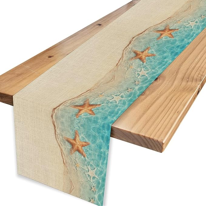 Summer Ocean Starfish Table Runner, Tropical Coastal Blue Sandy Clear Sea Water Waves Coffee Table Center Deco, for Family Kitchen and Living Room Farmhouse Party Table Decorations, 13" X 108"