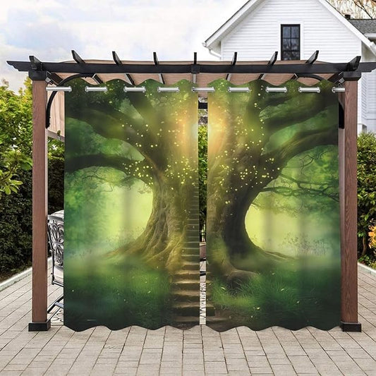 Fantasy Theme Waterproof Outdoor Curtains for Patio,Forest Pattern,Grommet Curtain for Bedroom, Porch, Living Room, Pergola, Cabana,2 Panels,W54 x L84,Green