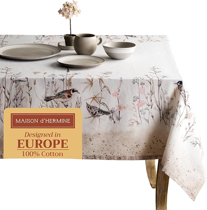 Maison d' Hermine Table Cloth Rectangle Table 100% Cotton 70 x 108 Inches Tablecloth Reusable for Dining Room, Farmhouse, Home, Party, Festive & Wedding Spring Summer - Meadow Florals - Brown