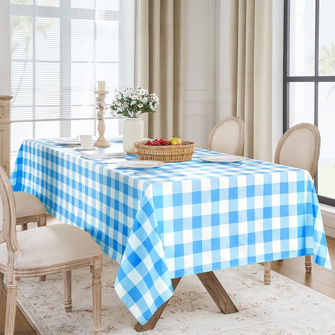 Softalker Gingham Checkered Tablecloth Rectangle - Outdoor Waterproof Buffalo Plaid Table Cloth, Stain Resistant Washable Table Cover for Picnic, Camping, Dining - Blue and White, 60 x 102 Inch