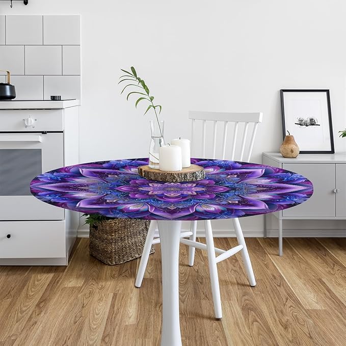 Mandrake Purple Blue Flower Round Table Cloth Cover, Elastic Edge Waterproof Wipeable Tablecloths 36"-42" Polyester Tablecloth for Party Restaurant Banquet Holiday Camping Outdoor Picnic
