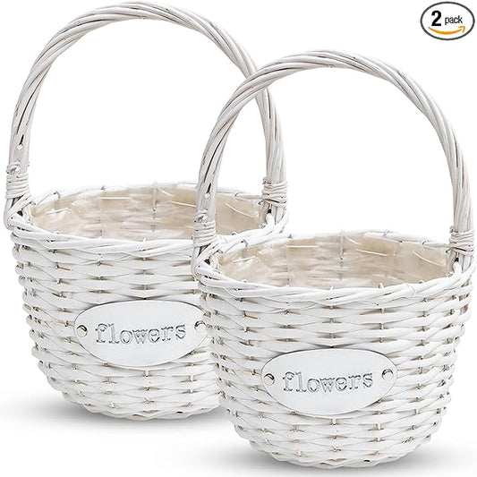 Flower Girl Basket (Set of 2) | Handcrafted Natural Wicker Flower Baskets for Flower Girl - Premium Wedding Basket with Water Resistant Liner - Perfect for Weddings, Parties & Home Décor