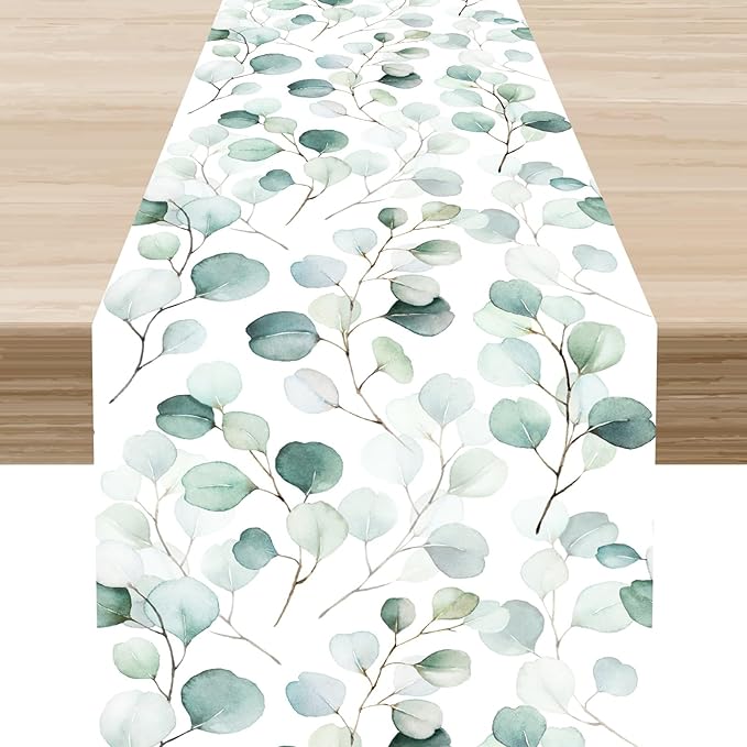Green Eucalyptus Table Runner, Farmhouse Spring Summer Seasonal Plants Leaves Rustic Country Greenery Cafe Coffee Table Center Decor for Home Kitchen Dining Patio Indoor Outdoor, 13"x72" Inch