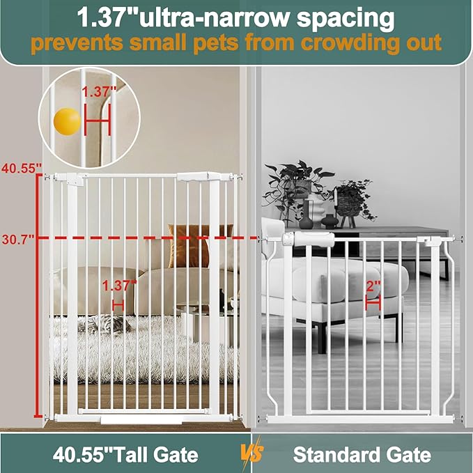 40.55" Tall 1.37" Ultra Narrow Spacing Dogs Pets Baby Gate for Doorway Hallway Safety Proof Indoor 69.48-77.36" Extra Wide Puppy Pressure Mounted No Drill Walk Through White Metal
