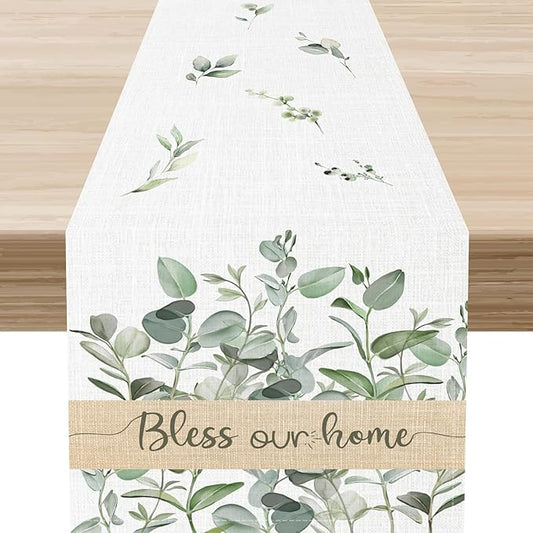 Farmhouse Table Runner, Green Eucalyptus Spring Summer Seasonal Plants Rustic Country Cafe Coffee Table Center Decor for Home Kitchen Dining Patio Indoor Outdoor Table Decorations, 13"x90" Inch