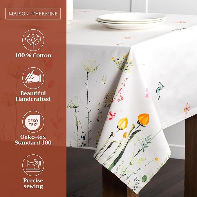 Maison d' Hermine Table Cloth Rectangle Table 100% Cotton 60 x 120 Inches Tablecloth Reusable Decorative for Dining Room, Farmhouse, Home, Party, Festive & Wedding Spring Summer - Botanical Fresh