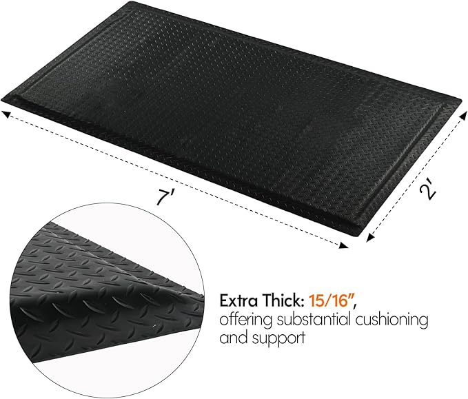 Nisorpa Anti Fatigue Mats Industrial 2' x 7' Ergonomic Standing Mat 15/16" Extra Thick Kitchen Rugs for Standing Heavy Duty Commercial Diamond Plate - Safety Support for Leg & Back Pain, Black