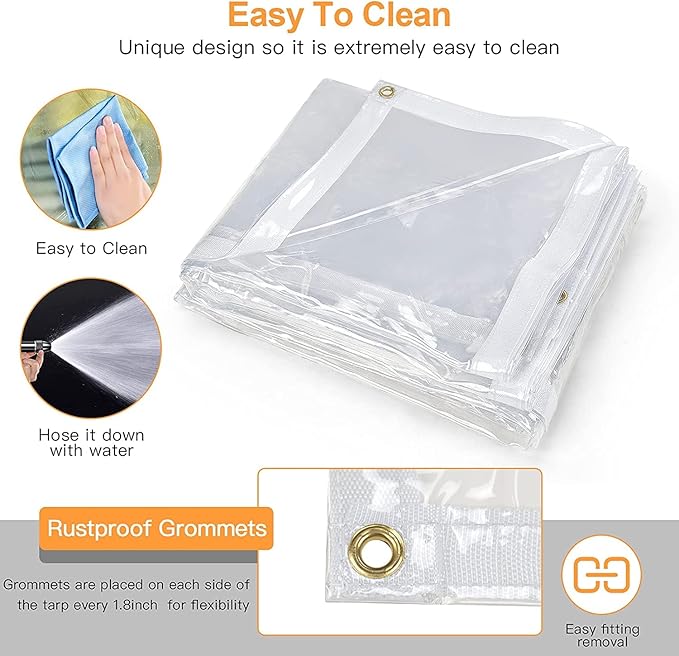 7 x 12FT Outdoor Clear Tarp Curtain Waterproof Wind-Proof 24 Mil Transparent Vinyl Tarp for Patio Pergola Garden Canopy Rainproof Anti-Tear PVC Thick Cover with Grommets