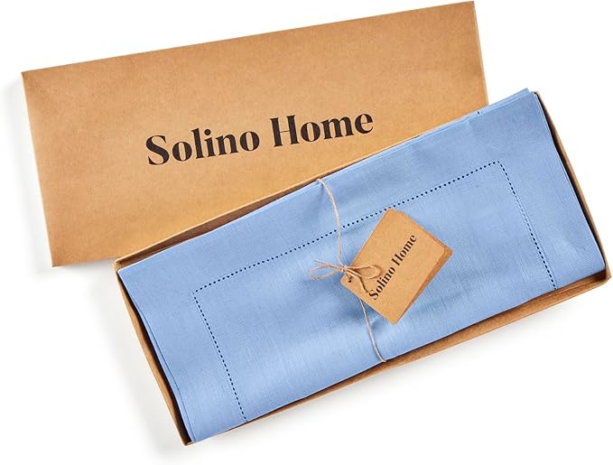 Solino Home Linen Cornflower Blue Table Runner 120 Inches Long - 100% Pure Linen Hemstitch 14 x 120 Inch Table Runner for Dining, Spring, Easter - Classic Hemstitch