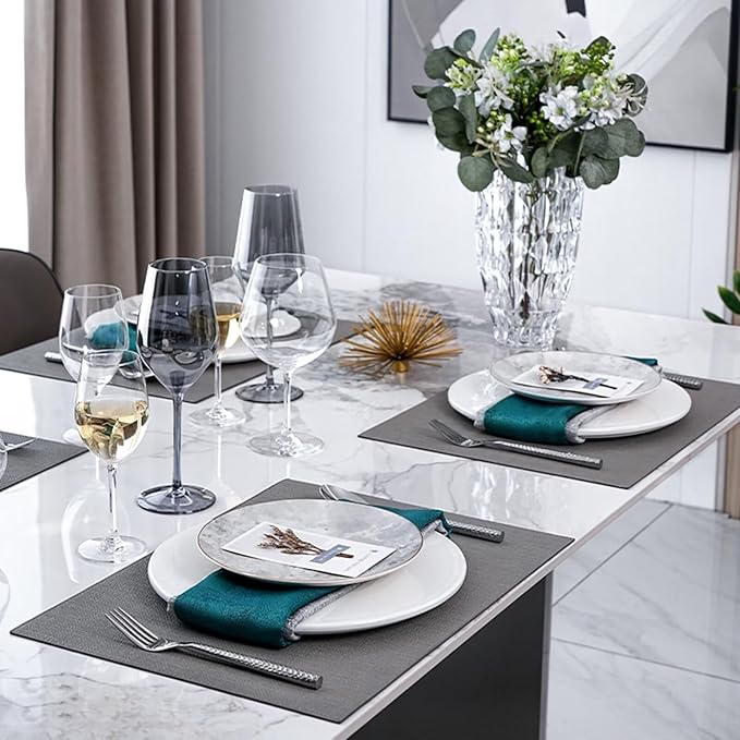 Faux Leather Placemats for Dining Table Set of 6, Heat Resistant Reversible PU Table Mats, Waterproof Wipeable Place Mats, 13"x18", Grey