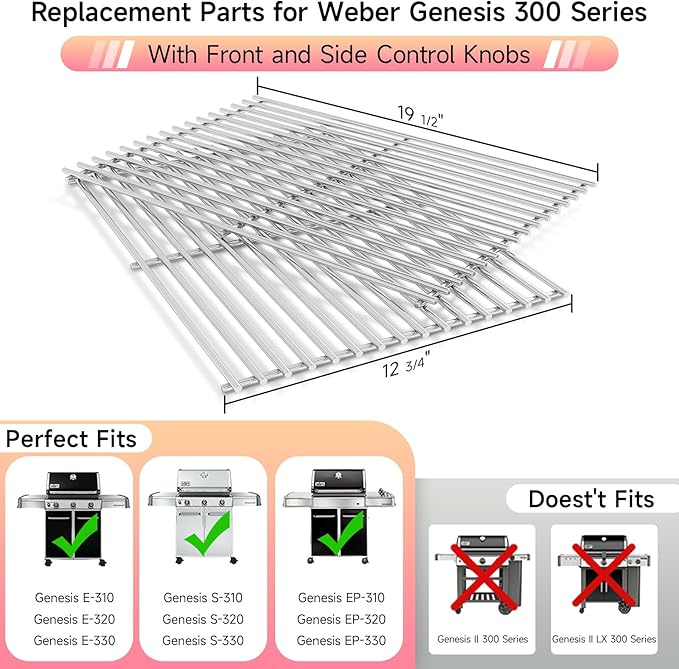 2Pack 19.5'' Stainless Steel Cooking Grill Grates Replacement for Weber Genesis 300 Series, Genesis E310 E320 E330 S310 S320 S330, Replacement Parts for Weber 7528/7524