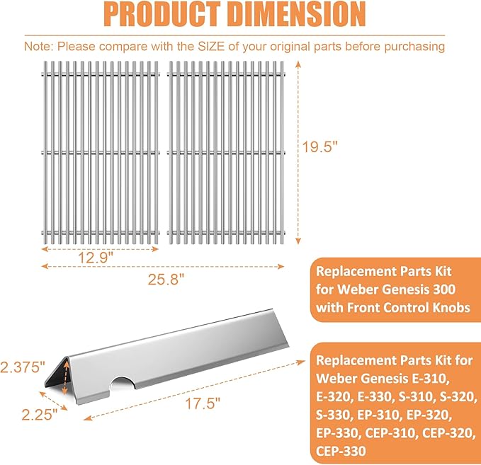 Genesis Grill Replacement Parts 7524 7528 Grates 7621 7620 Flavorizer Bars for Weber Genesis 300 Grills with Front Controls Knobs, Genesis 300 310 330 E330 E310 S310 S330 EP330 S320 E320 Grill Parts