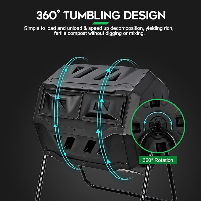 F2C Compost Bin Outdoor 43 Gallon Garden Dual Chamber Composter Bin - Bundled with Pearson's Gardening Gloves，BPA Free, Heavy-Duty Steel Frame, Rotating Tumbler with Sliding Doors | (Black)