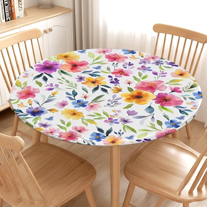 Spring Summer Floral Round Fitted Tablecloth with Elastic Watercolor Flower Outdoor Circle Table Cloth for 48-52" Tables Colorful Stretch Waterproof Washable Table Cover for Picnic Dining Party Decor