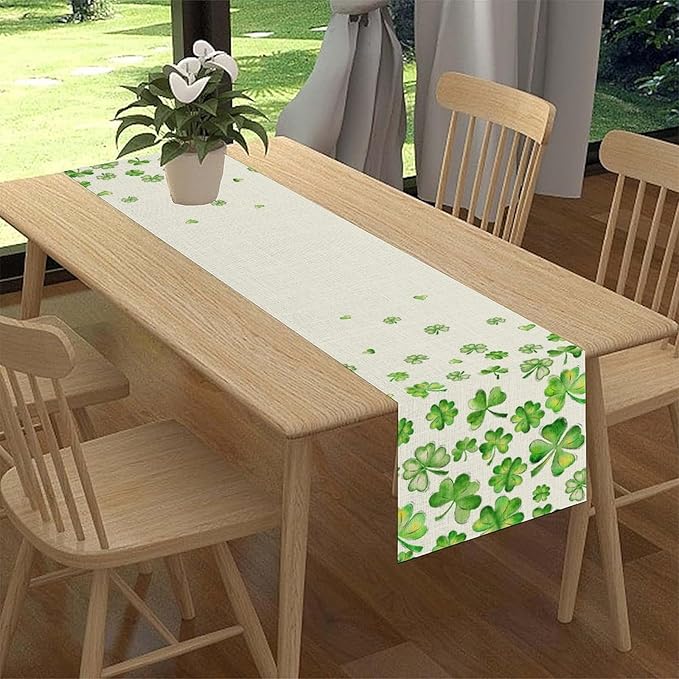 St.Patrick's Day Table Runner,Rustic Green Clover Seasonal Leaves White Green Table Center Decor for Family Kitchen and Living Room Outdoor Farmhouse Party Table Decorations, 13"x90"