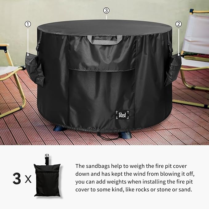 Fire Pit Cover,Heavy-Duty Waterproof Tear-Resistant FirePit Covers Round with Sandbag,Weather and Fade Resistant Fire Pit Cover Round Fits for 45-48 Inch Fire Pit/Table,Black 48" D x 24" H