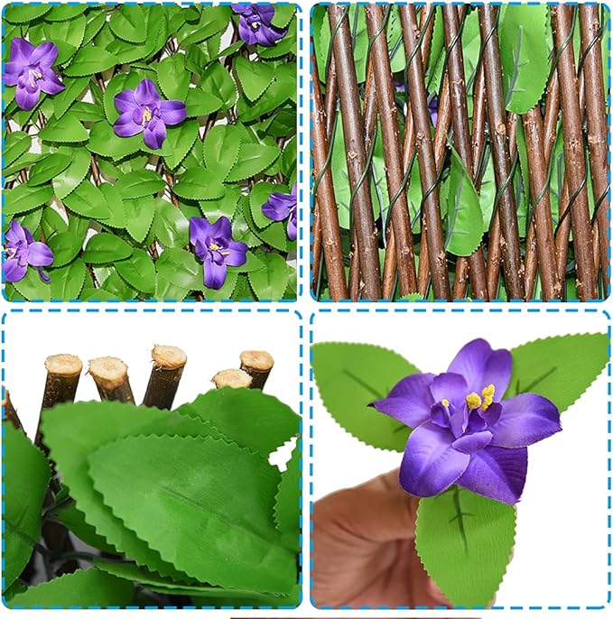 Expandable Fence Privacy Screen for Balcony Patio Outdoor,Decorative Faux Ivy Fencing Panel,Artificial Hedges (Single Sided Leaves) (4, Green Flowers)