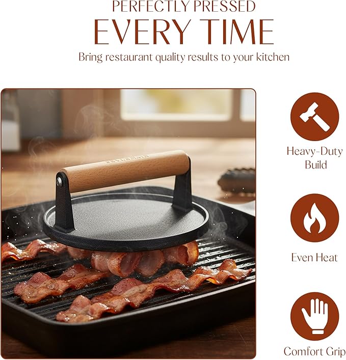 Bellemain Heavy Duty Cast Iron Smash Burger Press 7" Round Grill Press for Cooking Burgers, Bacon, Sandwiches, Steak, BBQ, Ground Beef, Meats, Sausages, and So On