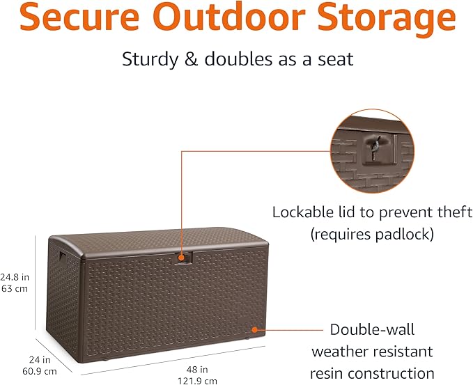 Amazon Basics Outdoor Organization & Storage Deck Box with Lid, 99 Gallon, Brown