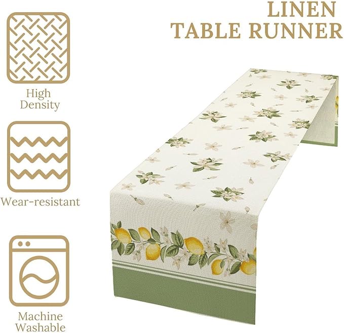 Lemon Spring Table Runner, Farmhouse Rustic Summer Flower Leaves Table Cover for Home Kitchen Dining Room Table, 13x90inch