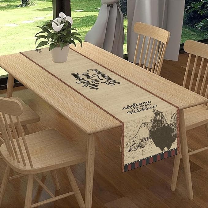 Rustic Farmhouse Table Runner, Vintage Barn Cottage Rooster Retro Farm Country Chicken Wooden Plank Coffee Table Center Decor for Home Kitchen Dining Patio Holiday Party Table Decorations 13"x36"