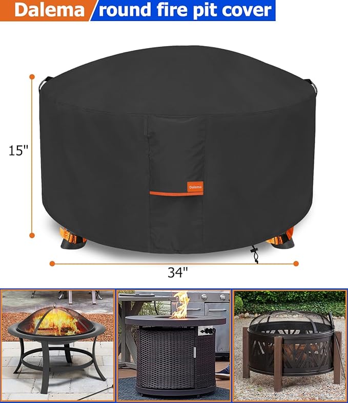 Fire Pit Cover,Outdoor Heavy Duty 600D 100% Waterproof Fire Pit Cover Round,Weatherproof Firepit Covers Round 34" Dia x 15" H,Black