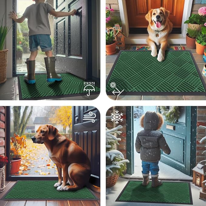 Smiry Front Door Mat Outside Entrance, Heavy Duty Outdoor Indoor Natural Rubber Doormat, Non Slip, Trap Dirt and Moisture, Easy Clean, Low Profile Patio Porch Entryway Mat, 59x35, Green