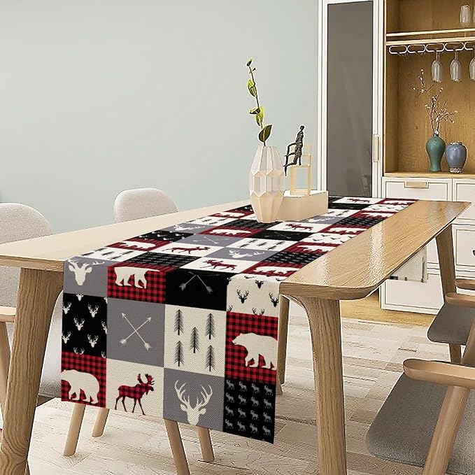 Farmhouse Bear Deer Table Runner, Retro Rustic Village Buffalo Plaid Table Runner for Coffee Table Dining Room Table Bedroom Party Holiday 13x36in