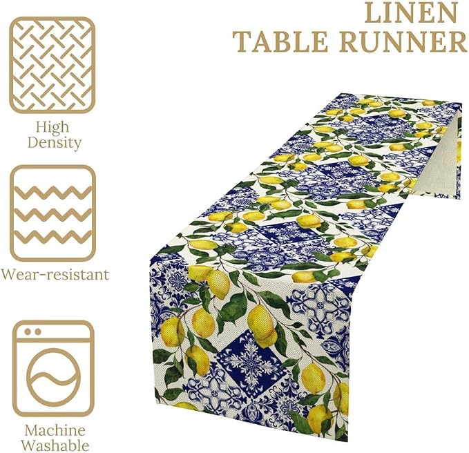 Lemon Fruit Nature Table Runner Farmhouse Talavera Ethnic Folk Rustic Watercolor Blue Dining Table Decoration for Home Holiday Party Dresser Kitchen Cabin Restaurant Wedding Decor 13×60in